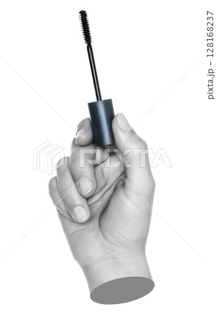 Woman hand holds cosmetic mascara brush, isolated on transparent background, cosmetics and visage concept. Contemporary art 128168237
