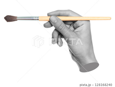 Woman hand holds paint brush, isolated on transparent background, painting and design concept. Contemporary art 128168240