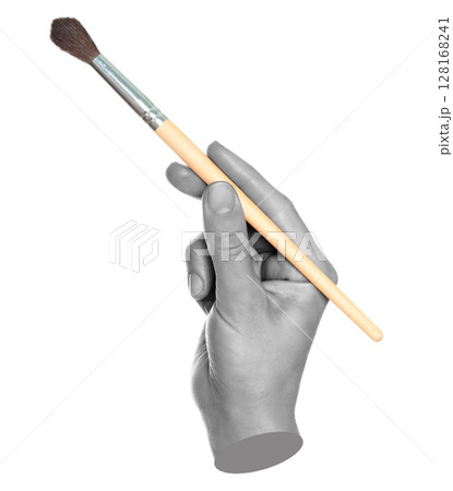 Woman hand holds paint brush, isolated on transparent background, painting and design concept. Contemporary art Woman hand holds paint brush, isolated on transparent background, painting and design concept. Contemporary art 128168241