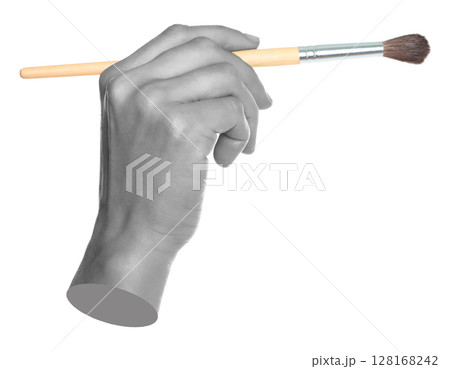 Woman hand holds paint brush, isolated on transparent background, painting and design concept. Contemporary art 128168242