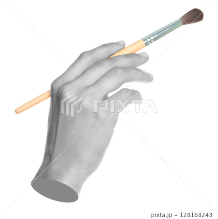 Woman hand holds paint brush, isolated on transparent background, painting and design concept. Contemporary art Woman hand holds paint brush, isolated on transparent background, painting and design concept. Contemporary art 128168243