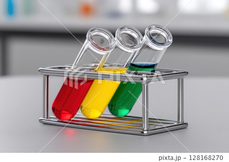 Colorful test tubes with different liquids in a laboratory setting 128168270