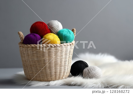 Colorful yarn balls in a woven basket on a soft surface at home 128168272