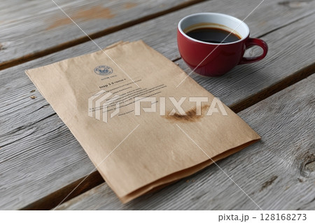 Coffee cup and a menu on a wooden table in a cozy cafe setting during the morning hours 128168273