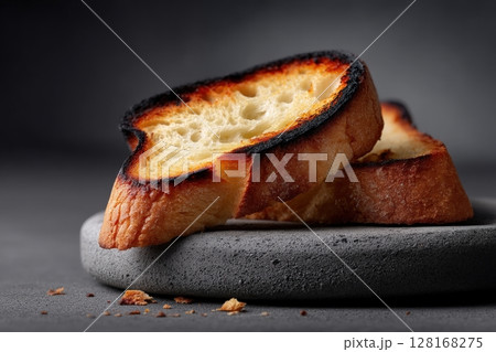 Toasted bread slices sitting on a gray stone plate against a dark background 128168275