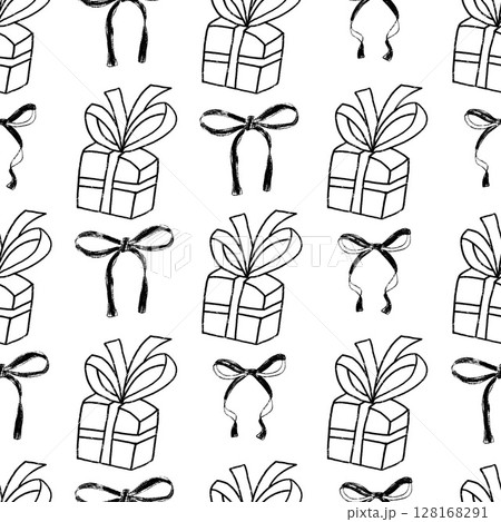 Coquette party crayon seamless pattern. Monochrome gifts endless background. Girly festive black and white repeat cover. Surface pattern birthday or wedding motif. Vector hand drawn illustration Coquette party crayon seamless pattern. Monochrome gifts endless background. Girly festive black and white repeat cover. Surface pattern birthday or wedding motif. Vector hand drawn illustration 128168291