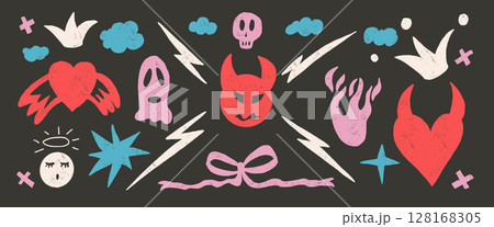 Devil multi colors doodles set. Demon and angels wax crayon drawn background. Scribble grunge love elements. Hearts, bows, clouds and sketch shapes. Vector naive illustration by pencil or chalks 128168305
