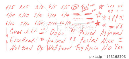 Exam grade five and ten point rating system marks doodle style set. School test results hand drawn sings. Teacher scores of student homework. Vector handwritten scribble qualification symbols isolated 128168308