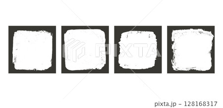 Grunge graffiti square frames set templates. Ink paint border with rough edges for cover and banner. Retro textured overlays. Rectangular old black flyer backgrounds. Vector design illustration 128168317