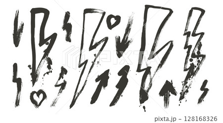 Lightning graffiti drawn set. Spray paint hand drawn thunderbolts, arrows and hearts elements isolated on white background. Grunge brush textured shapes. Urban street doodles. Vector illustration 128168326