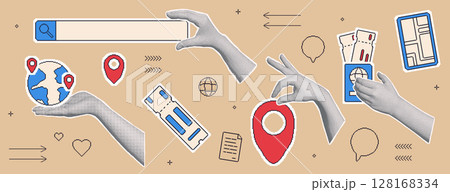 Travel collage with halftone hand with pixel art tourism elements. Human arms palm holding location map pin, globe, tickets. Vector journey collection illustration isolated 128168334