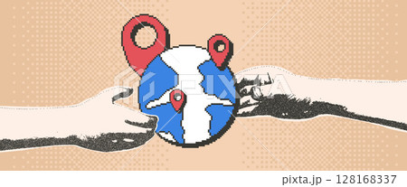 Travel collage with photocopy hand and pixel art tourism elements. Human arms palm holding globe and location map pin. Vector flight journey bitmap scrapbook and 8bit mixed media illustration Travel collage with photocopy hand and pixel art tourism elements. Human arms palm holding globe and location map pin. Vector flight journey bitmap scrapbook and 8bit mixed media illustration 128168337