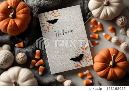 Halloween mockup with a blank greeting card, pumpkins, bats, and candy on white background. Perfect for holiday messages and graphic design. 128168985