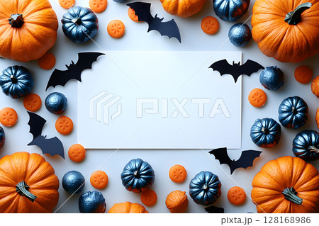 Halloween mockup with a blank greeting card, pumpkins, bats, and candy on white background. Perfect for holiday messages and graphic design. 128168986