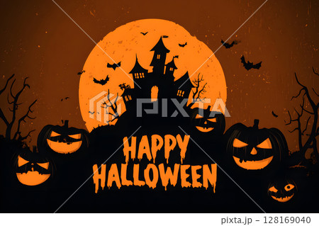 Spooky Halloween poster with haunted house, bats, and pumpkin lanterns in orange-black color tone. Perfect for ready-to-use party invitations, ads, or social posts. 128169040