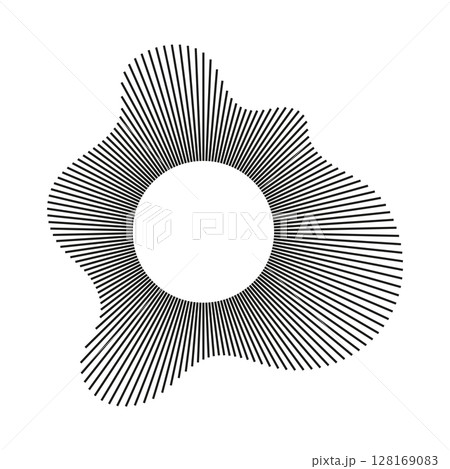 Circular wave. Sound circle lines. Sound ring. Radial wavy frame pattern. Radial rays. Wavy design simple element. Equalizer logotype, radial spectrum. Voice flat symbol. Depicting audio music icon. 128169083