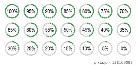 Percentage infographics flat elements. Round diagrams icons for infographics from 0 to 100 percent. Circle graph loading progress templates. Green, grey color fill divided pie charts indicators. 128169098