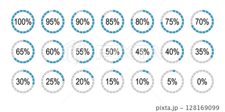 Set of round diagrams icons for infographics from 0 to 100 percent. Blue, grey color fill divided pie charts indicator. Percentage infographics minimalist elements. Circle graph loading progress. 128169099