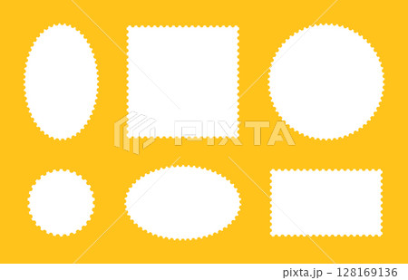 Postage white stamp frames. Set of empty borders, backdrops for postcard, letter. Tags, labels, coupons, boxes with curvy, wiggly, wavy perforated edges. Blank circle, rectangular vintage stamps. Postage white stamp frames. Set of empty borders, backdrops for postcard, letter. Tags, labels, coupons, boxes with curvy, wiggly, wavy perforated edges. Blank circle, rectangular vintage stamps. 128169136