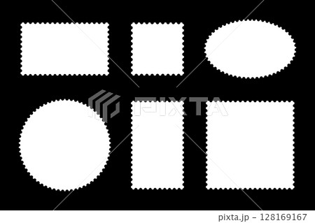 Set of postage stamps. Blank circle, rectangular template vintage frames. Empty borders, backdrops for postcards, letters. White tags, labels, coupons, boxes with curvy, wiggly, wavy perforated edges. Set of postage stamps. Blank circle, rectangular template vintage frames. Empty borders, backdrops for postcards, letters. White tags, labels, coupons, boxes with curvy, wiggly, wavy perforated edges. 128169167