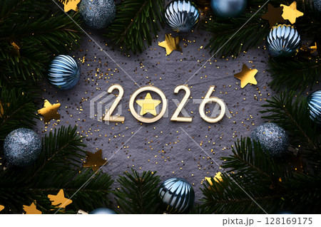 New Year 2026 blue background. Number of the coming year in Christmas decoration. 128169175