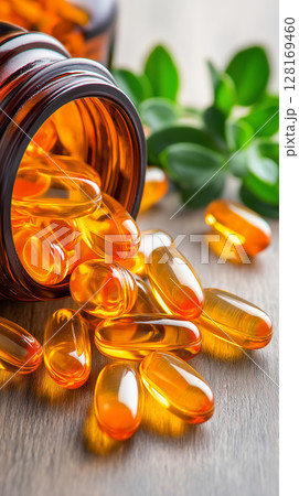 Bright orange capsules spilled from bottle on wooden surface 128169460
