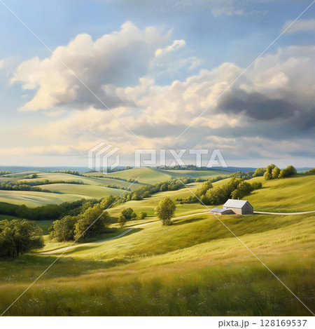 serene landscape with rolling hills and barn 128169537
