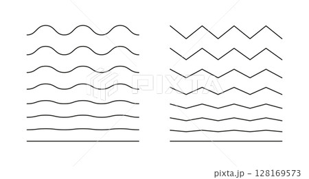 Wavy, curvy, zigzag minimalist lines. Undulate borders, transverse horizontal line. Sine, fluid, air, wind signs. Water, river, lake, sea, ocean simple symbol. Outline thin graphic illustration. Wavy, curvy, zigzag minimalist lines. Undulate borders, transverse horizontal line. Sine, fluid, air, wind signs. Water, river, lake, sea, ocean simple symbol. Outline thin graphic illustration. 128169573