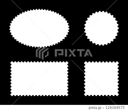 Set of postage stamp frames. Empty borders, backgrounds for postcards, letters. Tags, labels, coupons, boxes with curvy, wiggly, wavy perforated edges. Blank circle, rectangular vintage stamps. 128169575