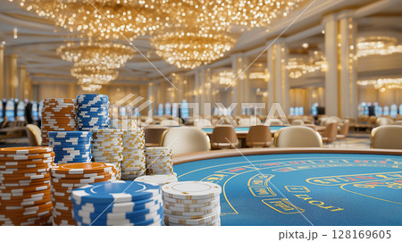 Luxurious casino interior with poker chips and tables 128169605
