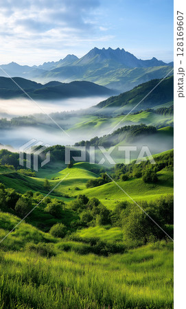Lush green hills and misty mountains create serene landscape Lush green hills and misty mountains create serene landscape 128169607