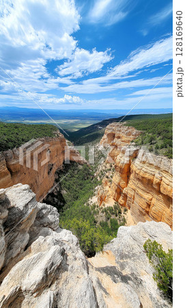 Breathtaking canyon view with vibrant blue sky and greenery 128169640
