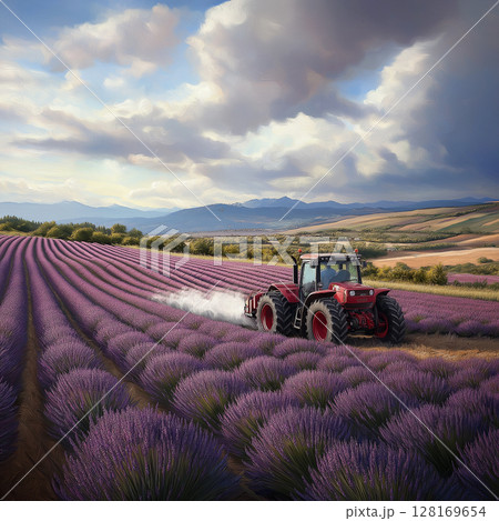 tractor sprays lavender fields under cloudy sky 128169654
