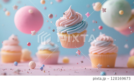 Delicious pastel cupcakes with sprinkles and floating decorations 128169673