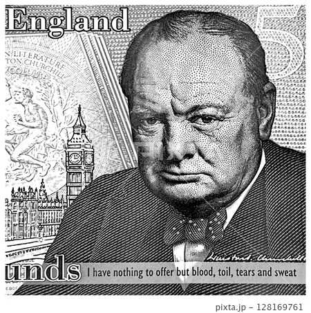 Winston Churchill portrait 5 pounds sterling Bank of England. Winston Churchill portrait 5 pounds sterling Bank of England. 128169761