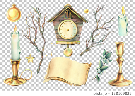 Watercolor clipart collection with candles, scroll, cuckoo clock, pine branches. Hand-painted vintage set for winter stationery and festive decor. New Year, Christmas Illustration Watercolor clipart collection with candles, scroll, cuckoo clock, pine branches. Hand-painted vintage set for winter stationery and festive decor. New Year, Christmas Illustration 128169823