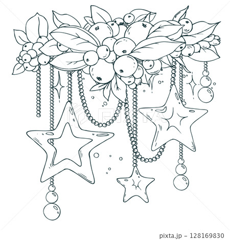 Stylized holiday garland with stars, beads and snowberries. Hand drawn line art with detailed black ink. Perfect for Christmas banners and decorative projects. 128169830
