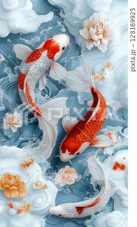 Elegant koi fish swimming in serene water with flowers 128169925