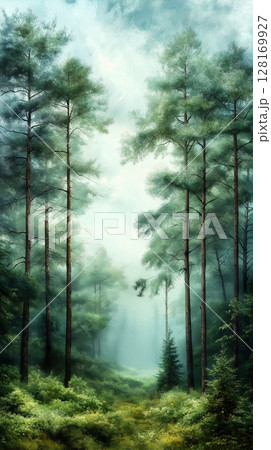 serene forest landscape with tall trees and mist 128169927