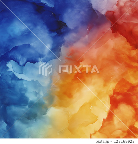 Vibrant abstract watercolor blending blue, orange, and yellow hues 128169928