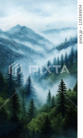 Lush green forest landscape with misty mountains in background 128169934