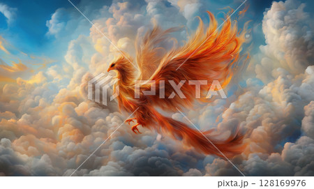 Colorful phoenix soaring through vibrant clouds in sky Colorful phoenix soaring through vibrant clouds in sky 128169976