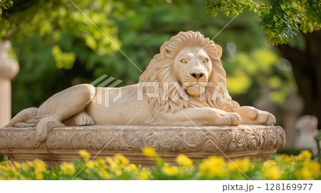 Majestic lion statue resting in lush garden setting Majestic lion statue resting in lush garden setting 128169977