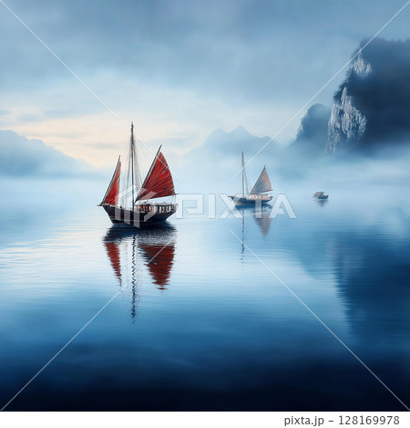 Sailing boats with red sails on calm water at dawn Sailing boats with red sails on calm water at dawn 128169978