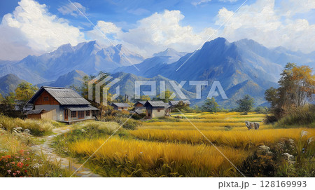 serene landscape with mountains and golden rice fields serene landscape with mountains and golden rice fields 128169993