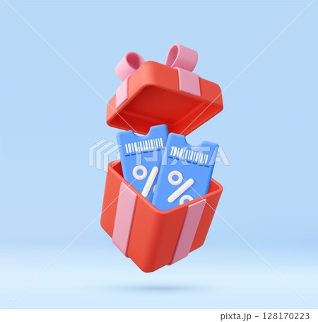 3d Red gift box with blue discount coupons inside 128170223