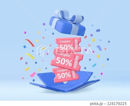 3d Blue gift box with floating discount coupons 128170225
