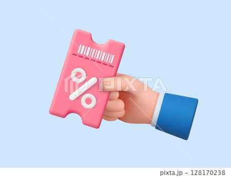 3D hand holding discount coupon with percentage sign. 3D hand holding discount coupon with percentage sign. 128170238