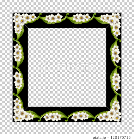 Elegant floral frame with green vine, leaves, white flowers on black background. Watercolor square frame template in Art Nouveau style is perfect for wedding invitations, birthday, greeting cards Elegant floral frame with green vine, leaves, white flowers on black background. Watercolor square frame template in Art Nouveau style is perfect for wedding invitations, birthday, greeting cards 128170716