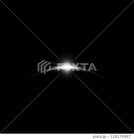 Sunrise or sunset horizon, moon eclipse with white blur spark effect vector illustration, glowing round aura shiny rays 128170987